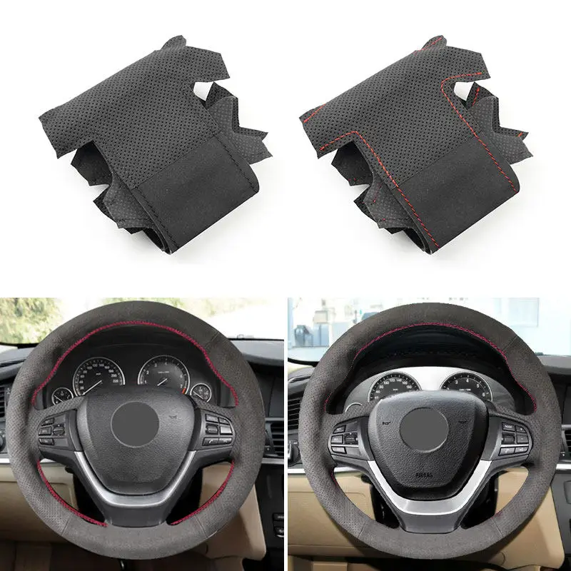 

Замшевый кожаный чехол на руль автомобиля для BMW X3 F25 2011-2016 X4 F26 2014-2016 X5 F15 2014-2018, сшитая вручную оплетка с полоской