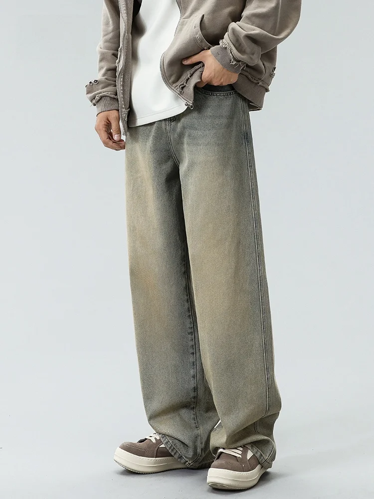 

JFU American Retro Distred Yellow Mud Color Jeans Loose Straight Leg Long Trousers for Men Trendy Korean Sle Cotton Denim
