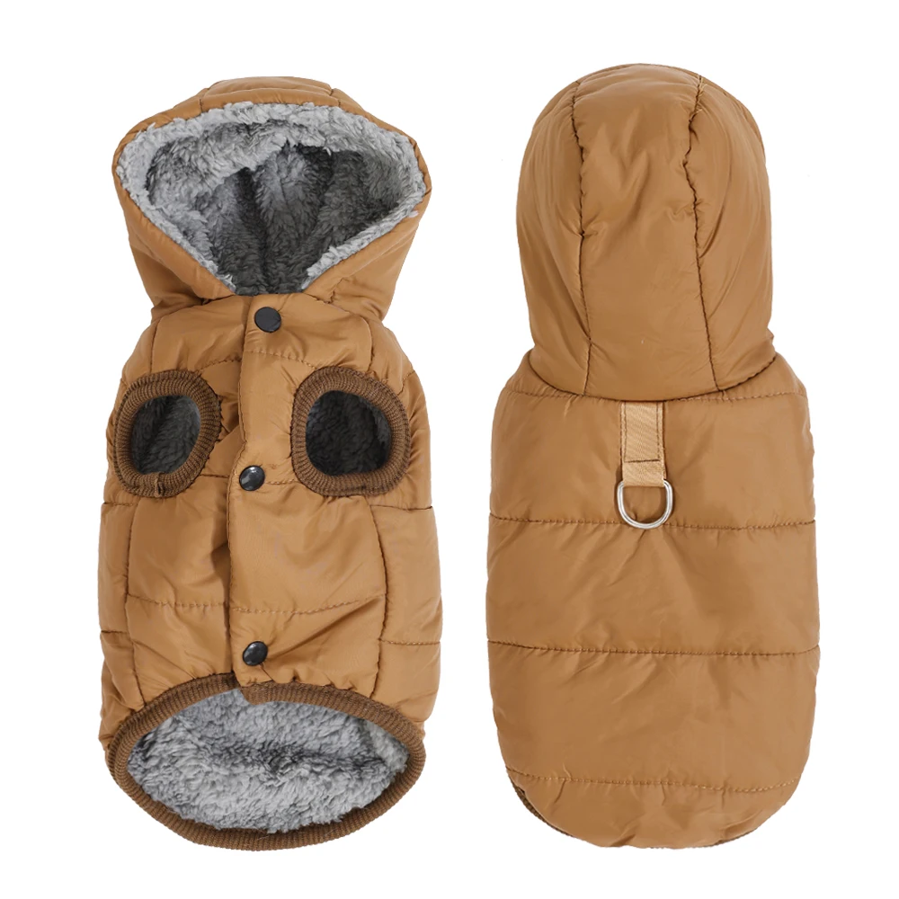 Casaco de lã quente para cães pequenos e médios, jaqueta de inverno com capuz e argola em D, roupa grossa e aconchegante para Pug e Dachshund.