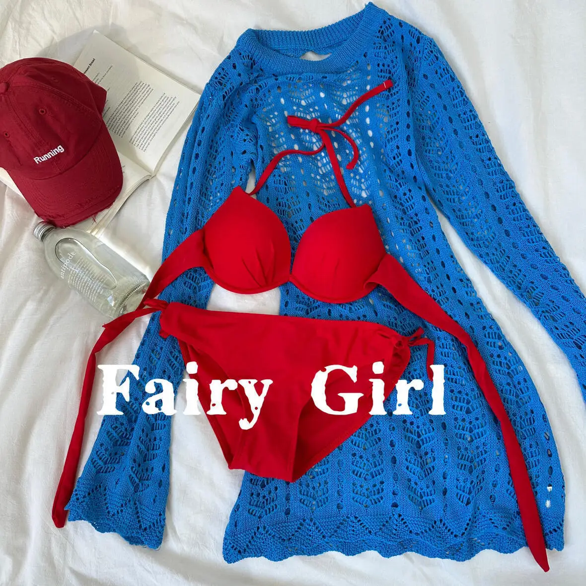 

Sexy Bikini Set Red Swimsuit with Blue Crochet Cover Up Beach Vacation Outfit Summer Swimsuit for Women Beach Seaside Vocation