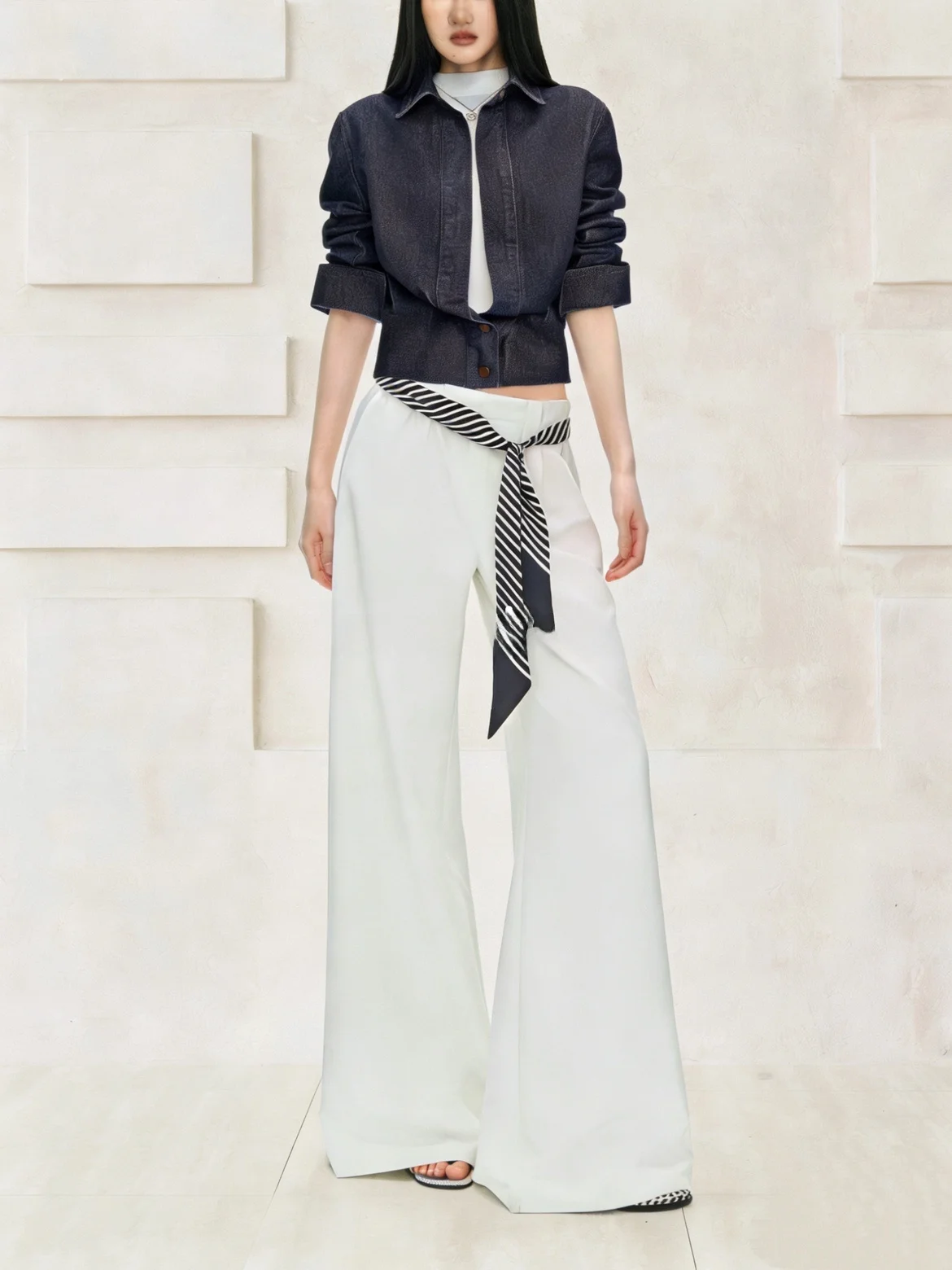 

Elegant Vintage Plaid Shirt And Straight Leg Pants Set Women's Summer Fashion Casual Outfit High Waist Denim Shirt with Bow Tie