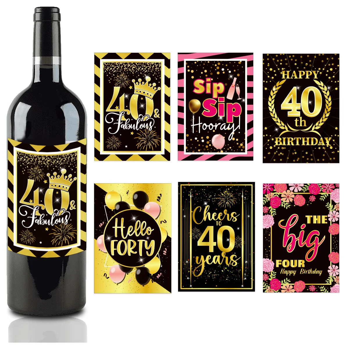 6/12pcs Black Gold 30th 40th 50th 60th Birthday Party Wine Bottle Labels Sticker Adult Birthday Party Decor Anniversary Supplies