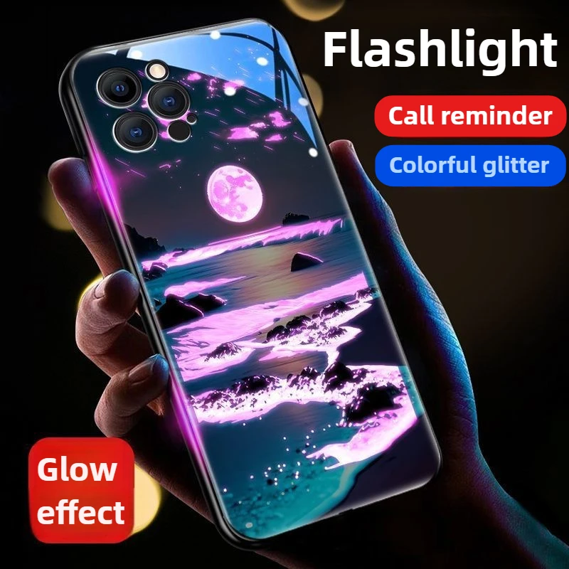 

Meteor Beach Smart LED Luminous Glass Phone Case for Iphone 15 14 13 12 11 Pro Max Xr Xs Max 8 7 Plus Personalized Personalized