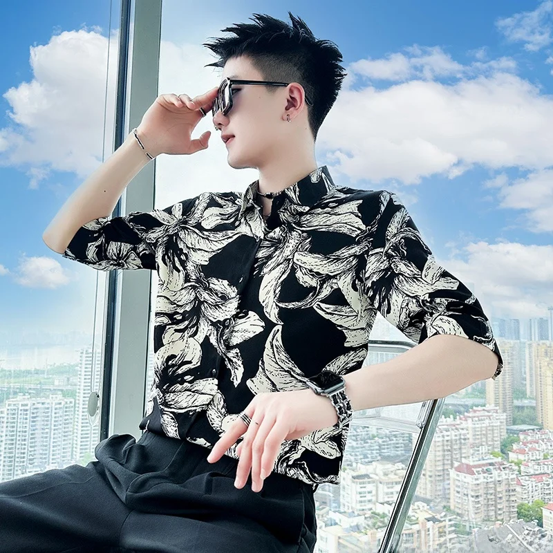 

Ice Silk Men's Casual Shirt Thin Short Sleeve Floral Design Summer Lightweight Top Fashionable Brand Regular Fit Button up