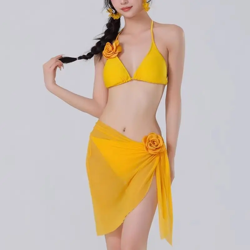 2026 New Women's Thai Style Yellow Floral 3 Piece Swimsuit Set Sexy High Waisted Bikini Luxury Resort Wear Beach Outfit