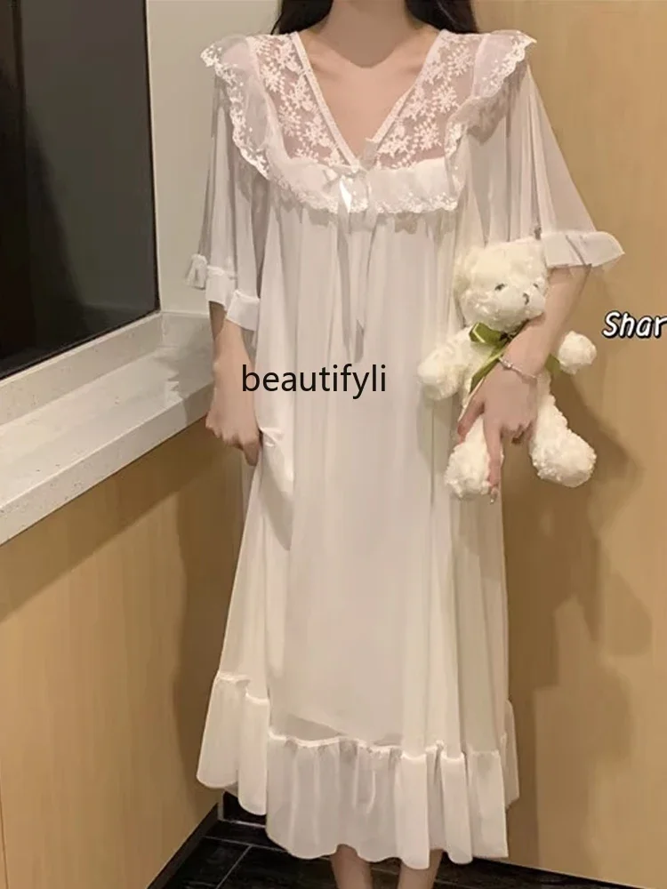 Cute Lace Edge V-neck Short-Sleeved Nightdress for Women New Summer Pure Desire Wind Ice Silk Home Clothes