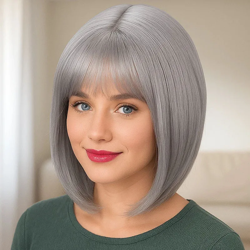 

Silver grey synthetic bob wig 12 inches, suitable for daily parties and dances with fashionable and elegant bangs design