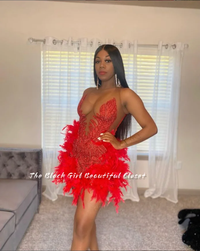 Red Sexy Short Homecoming Dresses Black Girls O Neck See Through Short Feather Party Dresses New Luxury Graduation Gowns