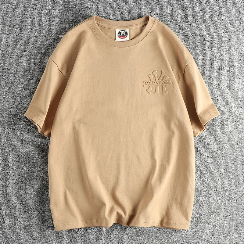 2025 Summer New American Retro Short Sleeve 3D Letter Embossed T-shirt Men's Fashion 100% Cotton Washed Youth Casual Sport Tops