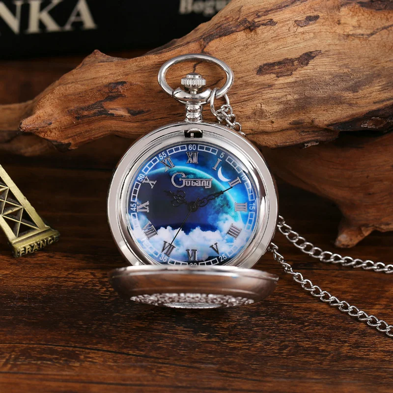10pcs/lot New Fashion Silver Starry Sky Hollow Retro Pocket Watch Creative Gift Necklace Clock Chain Watches Birthday Gifts