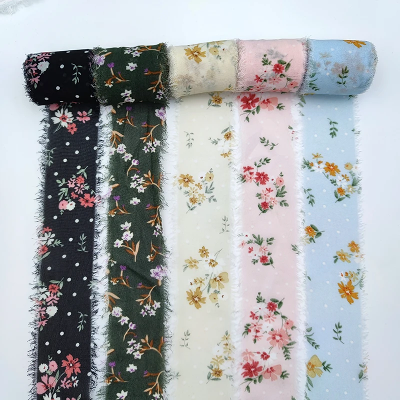 Printed Flower Silk Chiffon Ribbon Wedding Hand Torn Raw Edge Rural Wind Snow Spun Small Fresh Bouquet Ties Broken Tassel Ribbon