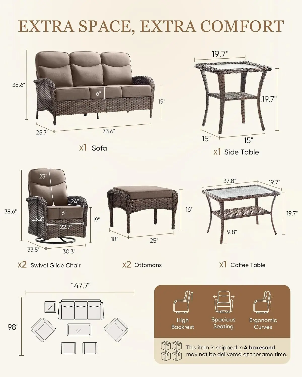 Upgraded 6“ Cushion Luxury Patio Furniture Set - 7 Piece Wicker Furniture Set, Comfort Outdoor Couch and High Back Swivel Rocker