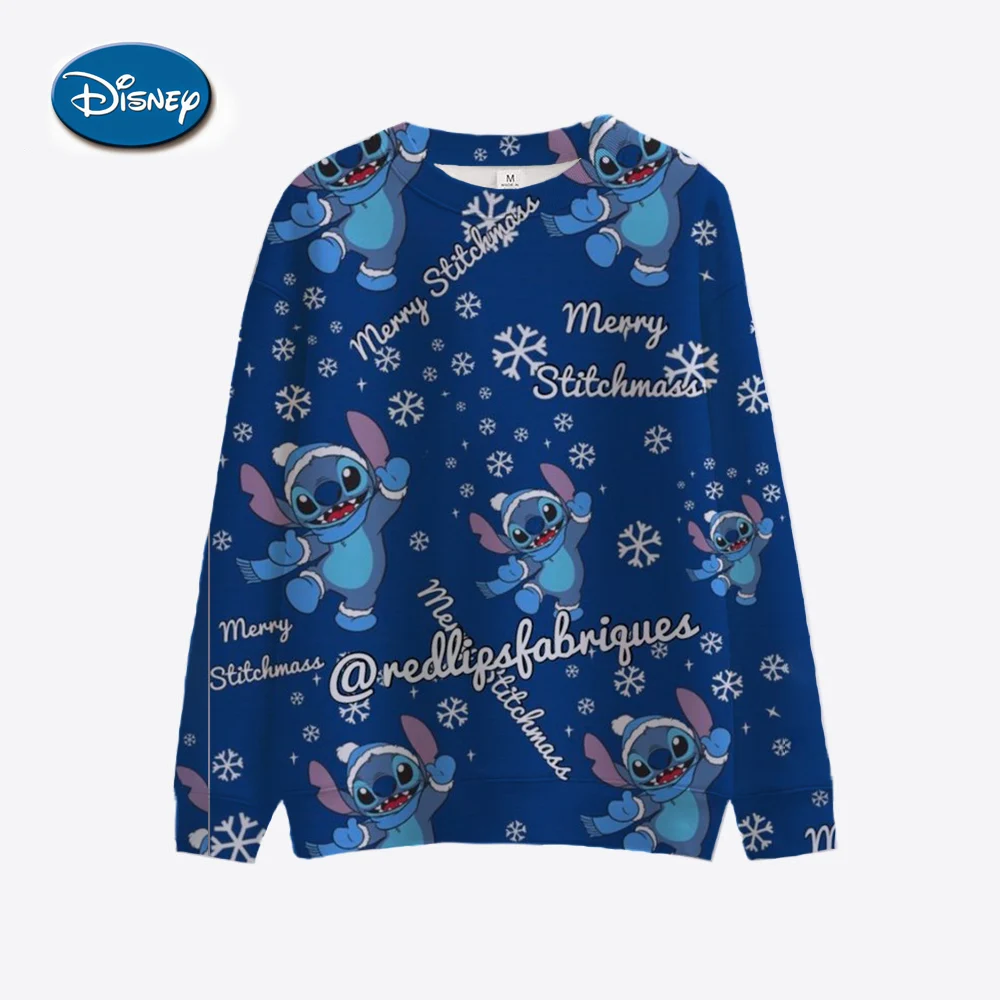 Christmas Disney Stitch Hoodie Long Sleeve Round Neck T-shirt Autumn/Winter Basic Hoodie Women\'s Knitted Checkered Sleeve Sports