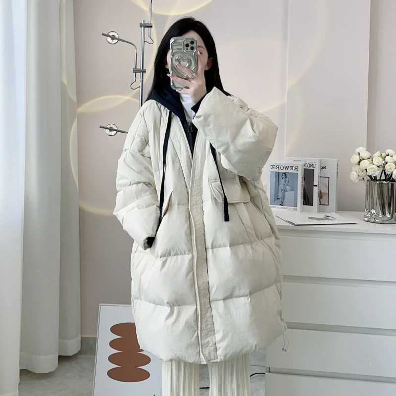 سترة نسائية متوسطة الطول مع غطاء للرأس، تصميم مكون من قطعتين، معطف دافئ سميك فضفاض لشتاء 2025، عصري