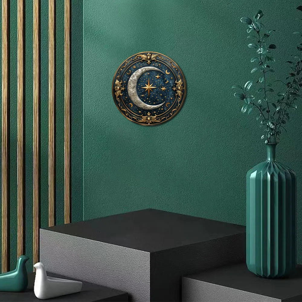 Stars and Moon Themed Wreath Sign, Round Aluminum Metal Decor Sign, for Home, Cafe, Apartmen, Living Room Wall Decoration