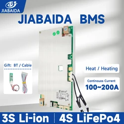 JIABAIDA BMS Smart BT APP 4S LiFePo4 3S Li-ion Battery 12V 100A 200A Continuous Current Charge Protect Heat UART Balance JBD BMS