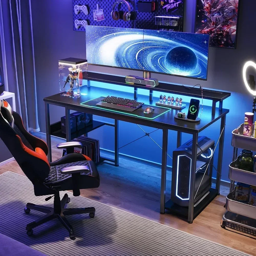 48 inch Gaming Desk with LED Lights & Power Outlets, Computer Desk with Monitor Stand & Storage Sheves, CPU Stand