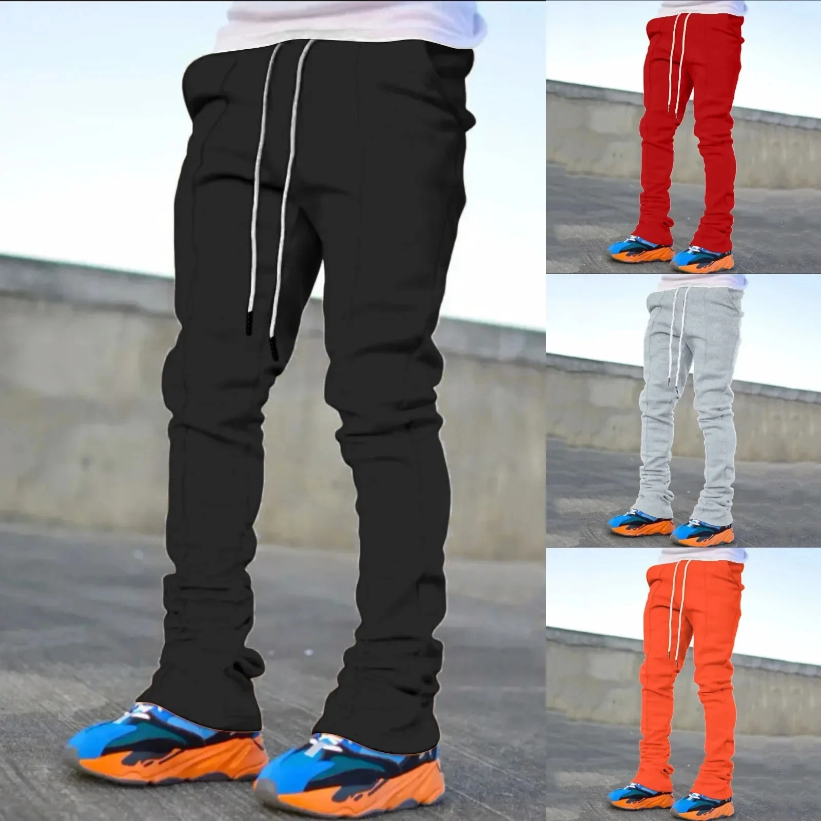 Streetwear Hip hop Men's Casual Pants Solid Color Personality Design Custom Flare Sweat Pants Men Pile Up Stacked Pants for Men