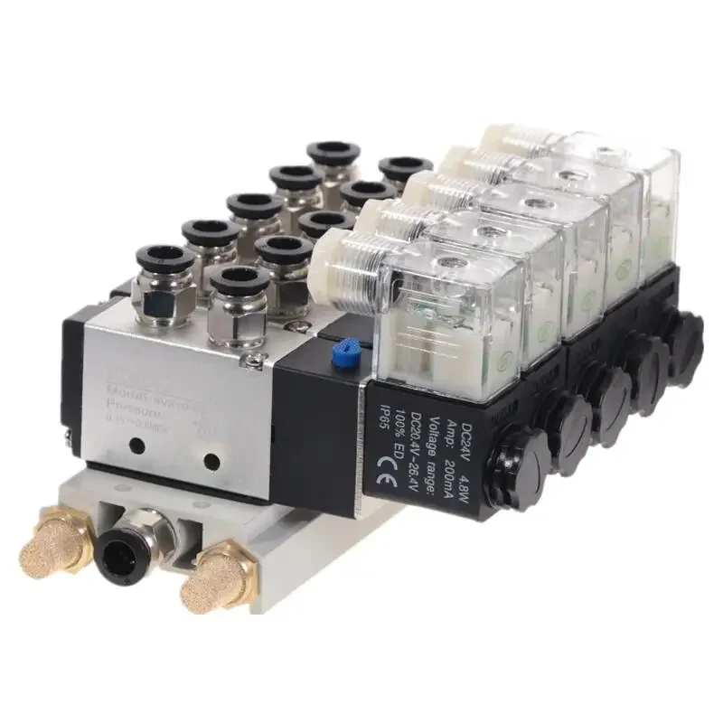 4 Station Pneumatic Valve Manifold 4V210-08 5 Way 2 Position Single Solenoid Valve Assembly with Aluminum Base 12V 24V 110V 220V
