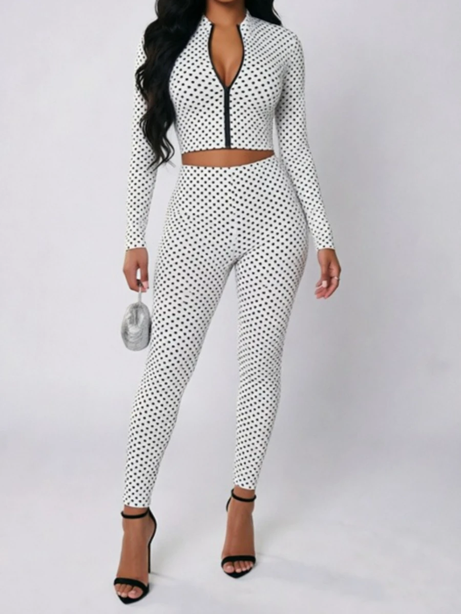 Комплект Foamlina Retro Polka Dot: укороченный топ с воротником-стойкой на молнии и длинными рукавами, а также эластичные облегающие брюки, 2 предмета, для женщин