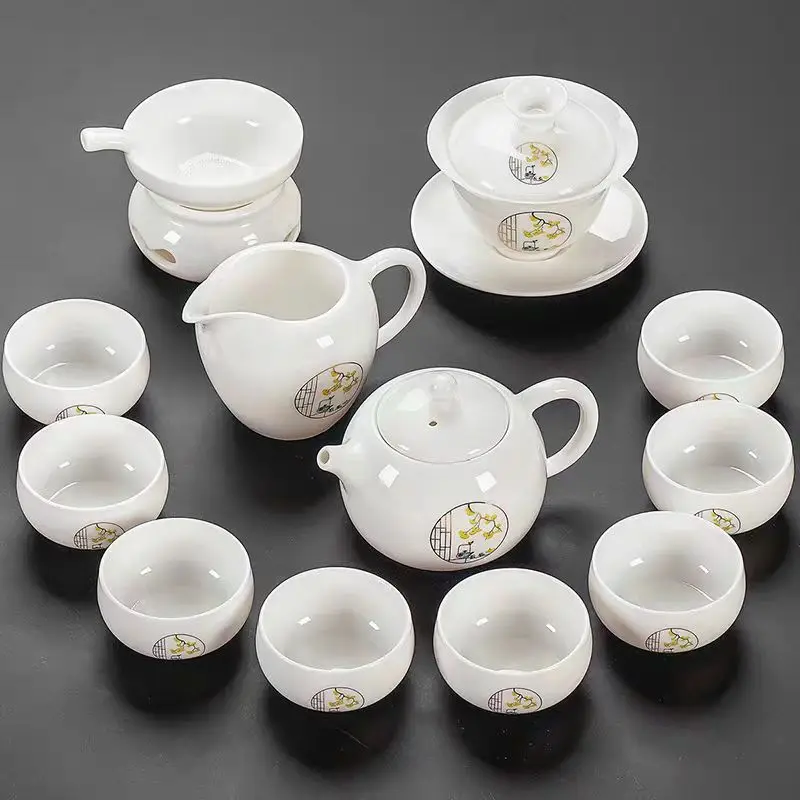 

Exquisite White Porcelain Kung Fu Tea Set Ginkgo Pattern Design High-Gloss Ceramics Suitable For Tea Ceremony Home Office