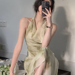 Vestido vintage francés con tinte de Halo, cuello oscilante, cuello colgante, estampado, moda de temperamento, falda envolvente a la cadera, nuevo, 2023