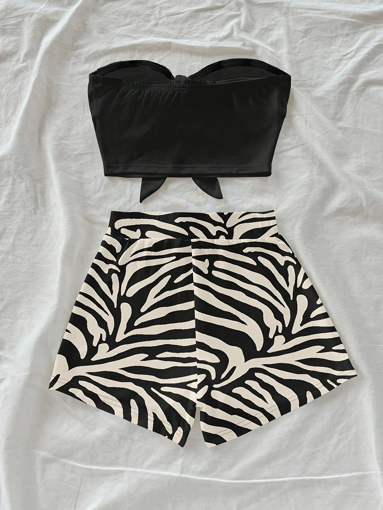 Fashion Solid Black Tie Front Strapless Cami + Zebra Print Loose Shorts 2 Piece Lightweight Beachwear Matching Set