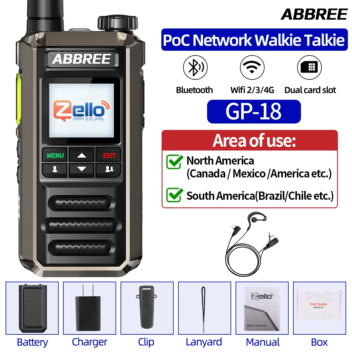 ABBREE GP-18 Zello PoC Radio Global Onbeperkt Afstand Dual Sim-kaartsleuven Android Bluetooth Zaklamp WIFI 3G /4G Netwerk Radio