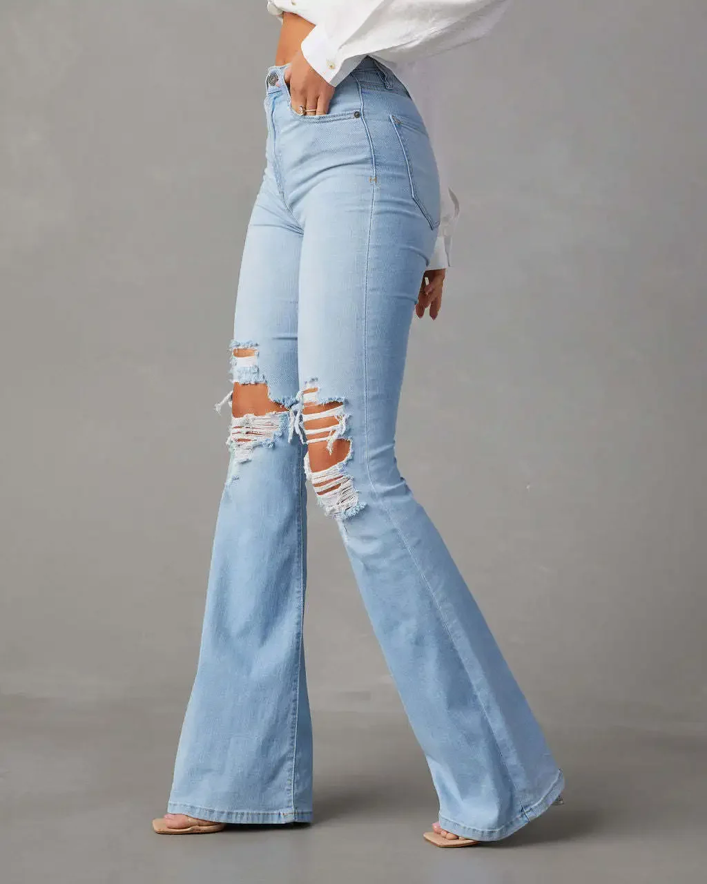 Street Spice Girl High-waisted Ripped Jeans, Women's Spring and Autumn New Solid Color Slim-fit Bell-bottom Pants Long Jeans