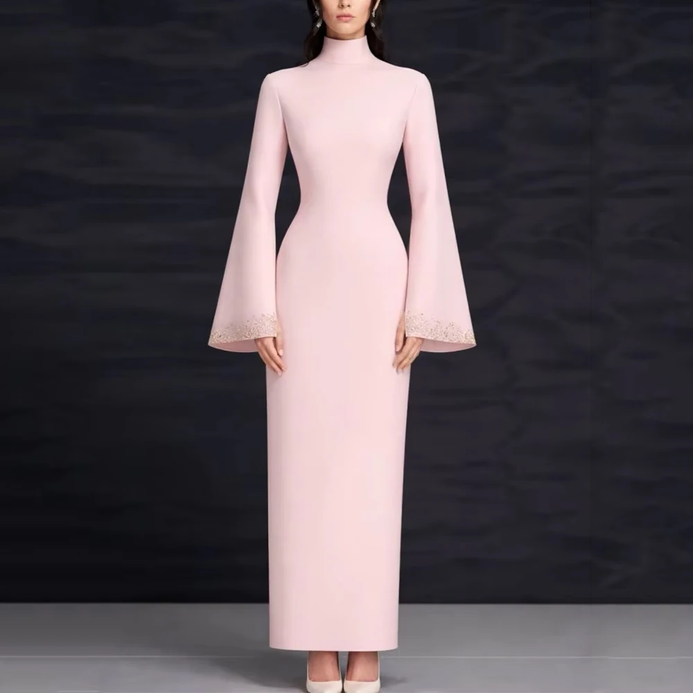 Customized Elegant Prom Dress Pale Pink High Collar Column Women's Formal Evening Gowns Ankle Length Beading Wedding Party Dress