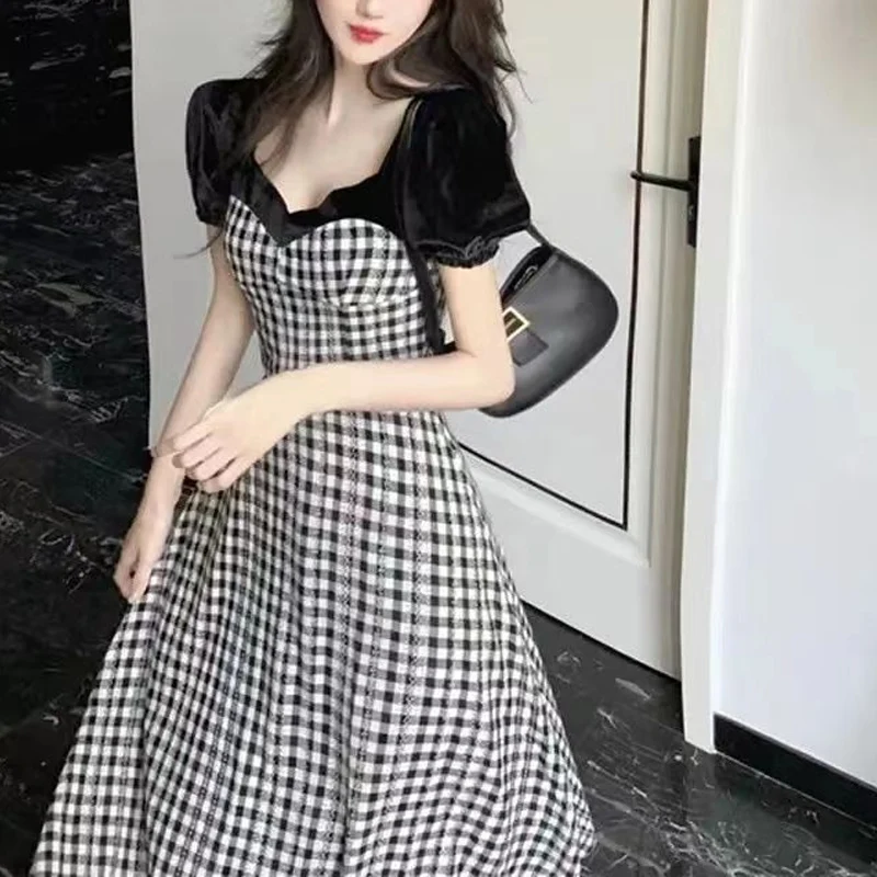 2023 Summer New Square Neck Puff Sleeve Waist Retraction Midi Dress Women Fashion Casual Sweet Fake Two Pieces Vintage Dresses