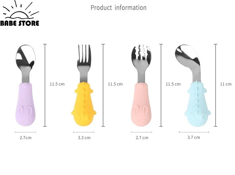 Food Grade Children\'s Convenient Silicone Spoon Fork Baby Learn To Eat Short Handle Stainless Steel Spoon Baby Training  Spoons