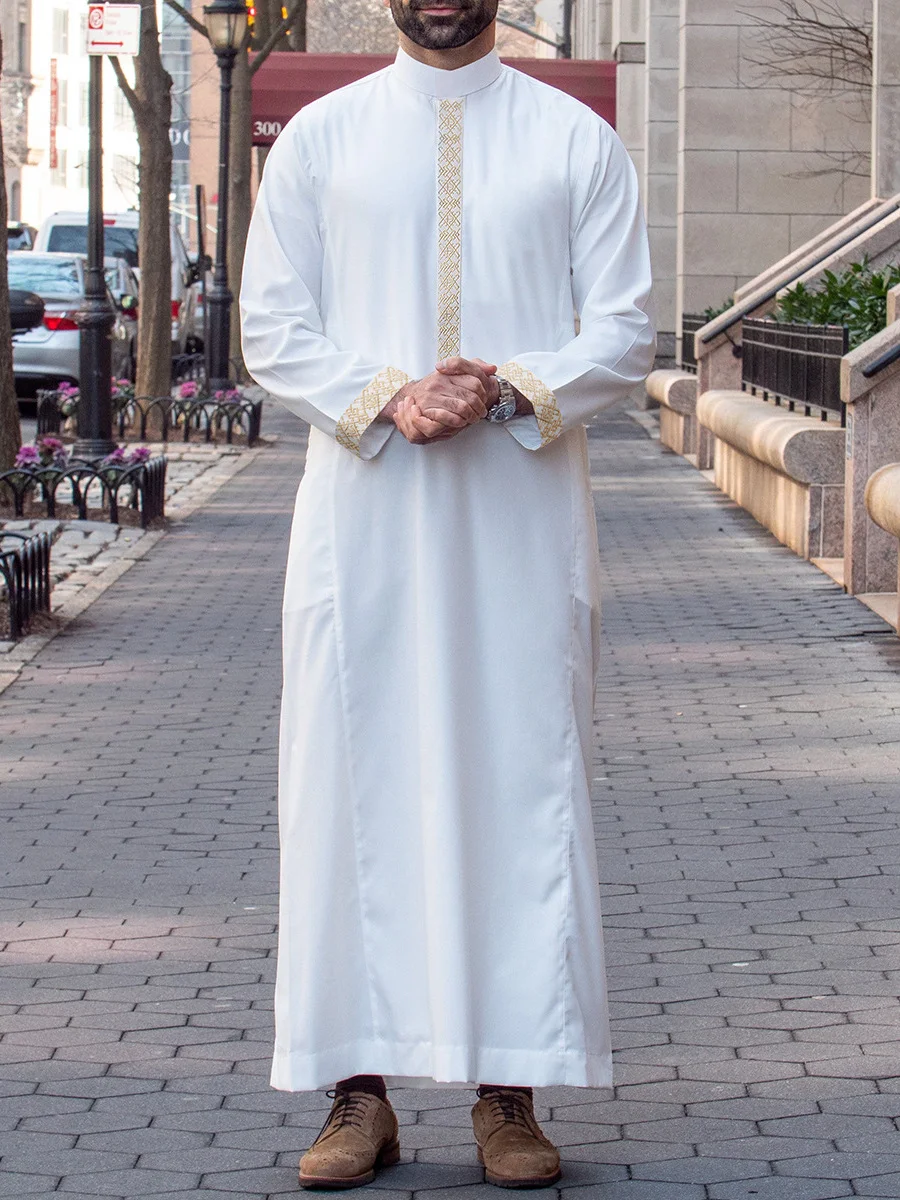

Muslim men's Thobe with long sleeves embroidered stand collar loose Arab ethnic style Islamic men's casual formal abaya