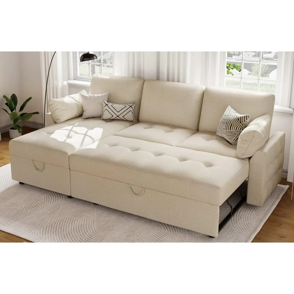 Pull Out Sofa Bed, Modern Tufted Convertible Sleeper Sofa, L Shaped Couch with Storage Chaise, Chenille Sectional Bed