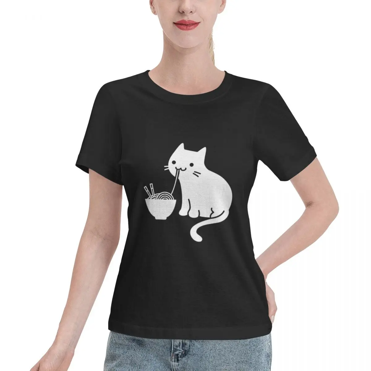 Easy To Pair Cute Cat Eating Ramen Women's T-shirt Minimalist Chic Summer Women Top