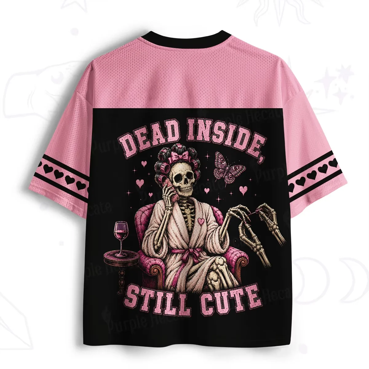 The Skull Girl Who Is Dead Inside But Still Cute V-neck Mesh Jersey Halloween Sweet Cool Gothic Style Loose Casual T-shirt