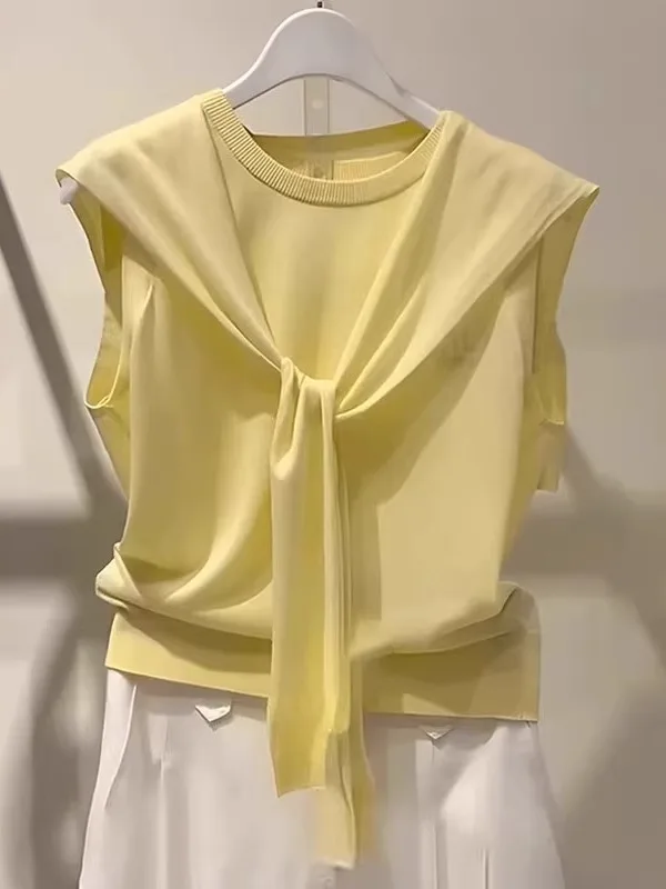 ファッショナブルな夏のニット肩巻きトップス、ラウンドネック、スリム、ハイエンド婦人服、通勤、韓国版