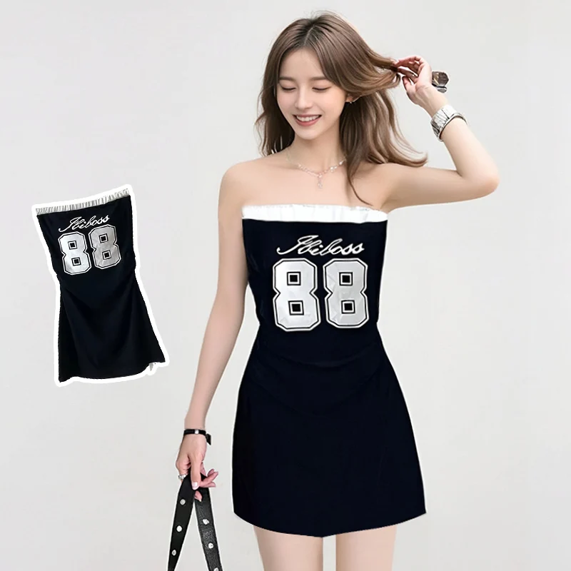 Y2K Sexy Printed Letter Sleeveless Strapless Dress Women Summer 2024 New A Line Dress White Pink Girls Dress Blue Black Dresses