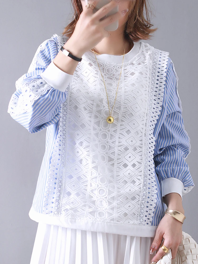 Stylish Lace Patchwork Hook Striped Blouse Women 2024 New Long Sleeve Drawstring Shirts Female Elegant Casual Tops Blue Shirts