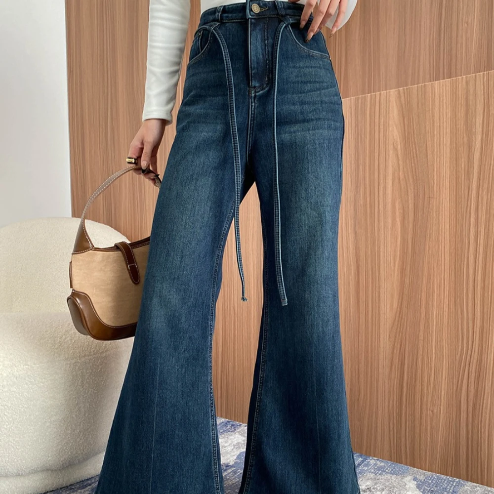 TWOTWINSTYLE Darkblue Spliced Lace Up Trousers Female High Waist Slimming American Retro Women's Wide Leg Pants Autumn Fashion