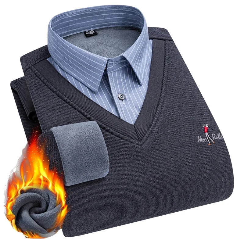 

Men Fake Two Piece Sweater Knitting Pullover 2025 Winter Warm Thick Polo Neck Retro Fashion Solid Casual Fleece Lined Sweaters
