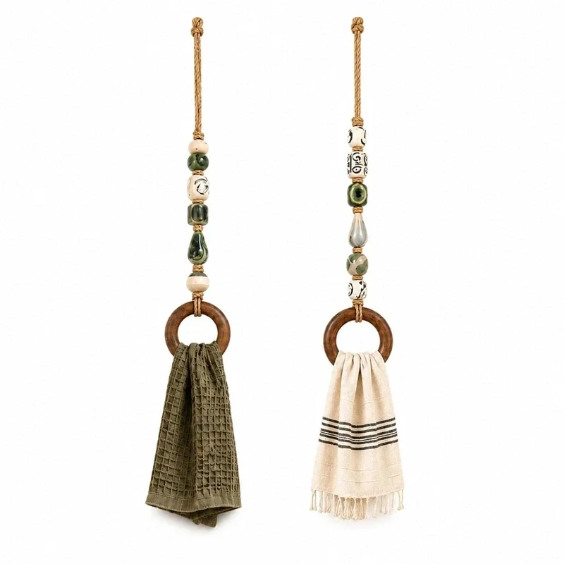 Decorative Beaded Towel Hanger with Wooden Ring