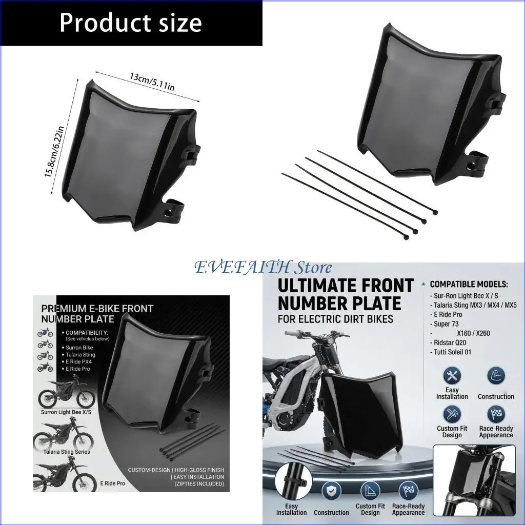 

124B Electric Bike Number Plate Universal Front Plate with Zip Ties Lightweight, Easy Installation,Black