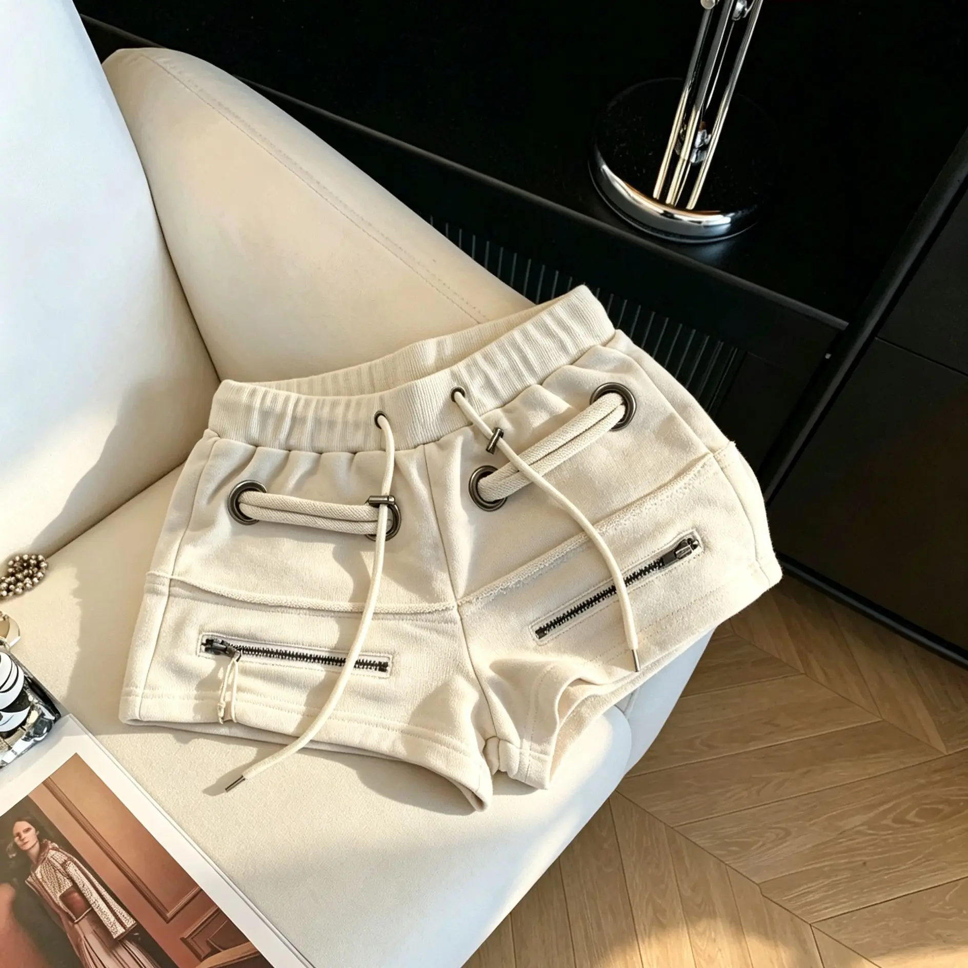 American Spice Girl Drawstring Cargo Shorts Women's Zipper Design Sense Low Waist Sports Super Short Hot Pants