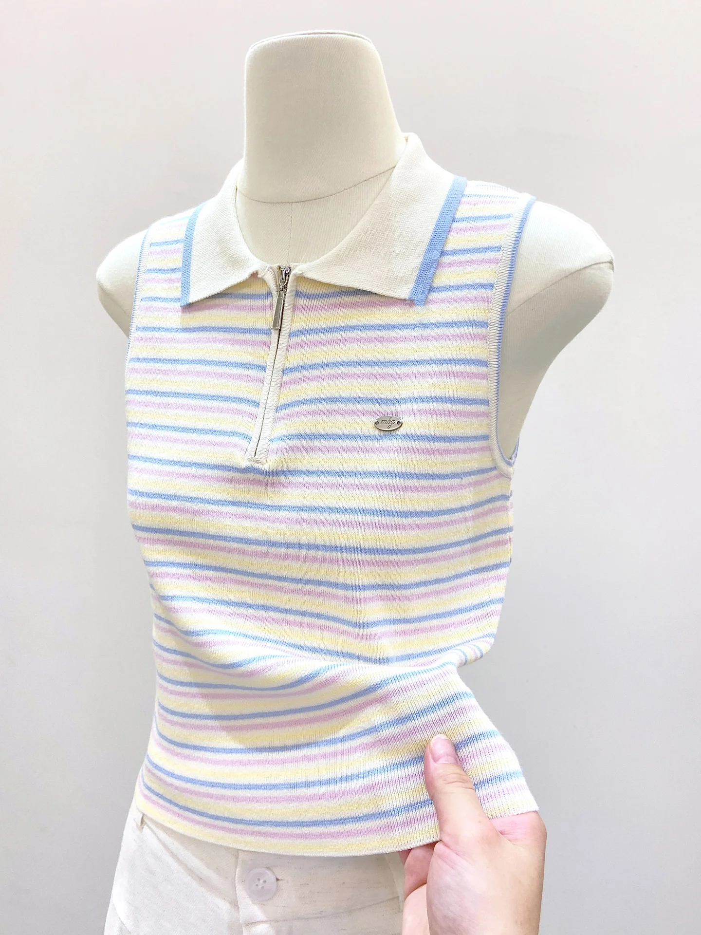 

Fre Color Blo Stripe Knitted Vest Women's ort Svel Collar f Zip Summer Faionable Top Korean Sle Simpl...