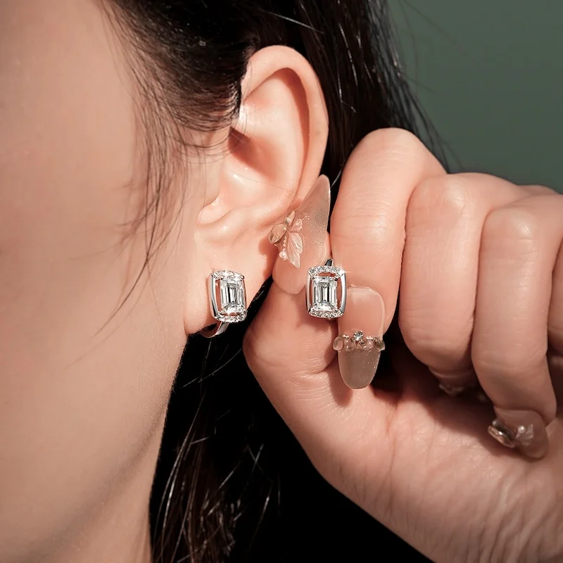 Rrjzz Huggie-Ohrringe mit Smaragdschliff, 5 x 7 mm, D-Farbe, Moissanit, für Damen, Laborimitation, Diamant-Creolen, Geburtstagsschmuck, Geschenke – Detail 15
