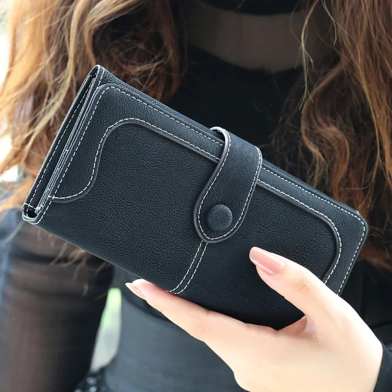 Cartera larga de gamuza sintética para mujer, monedero de cuero mate para mujer, carteras femeninas de alta calidad, tarjetero, monedero de negocios de Color sólido para mujer