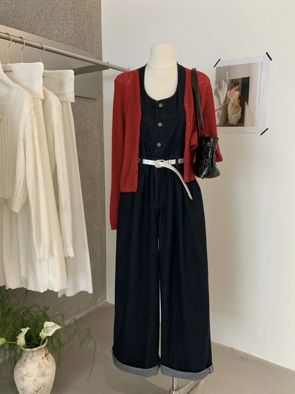 

YJIA Vintage Red Knitted Open Cardigan Ne Hanging V-Ne Denim Jumpsuit Beautiful Set Women's Faion Spring Summer Outfit