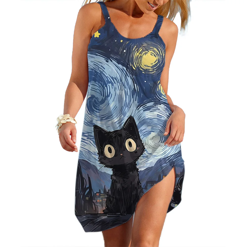 Girls Slip Dress Cute Cat Graphic Dresses Summer European and American Style Women\'s Printed Skirts Sleeveless Sling-Dress Top