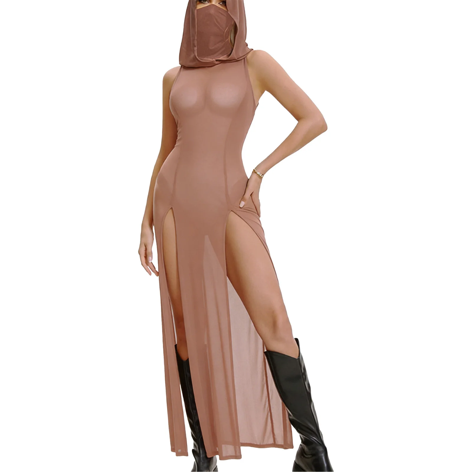 

Women Gothic Mesh High Split Maxi Dress with Hooded Wet Look Sexy Lingerie Face Mask Long Sleeves Hollow Out Sheer Nightdress